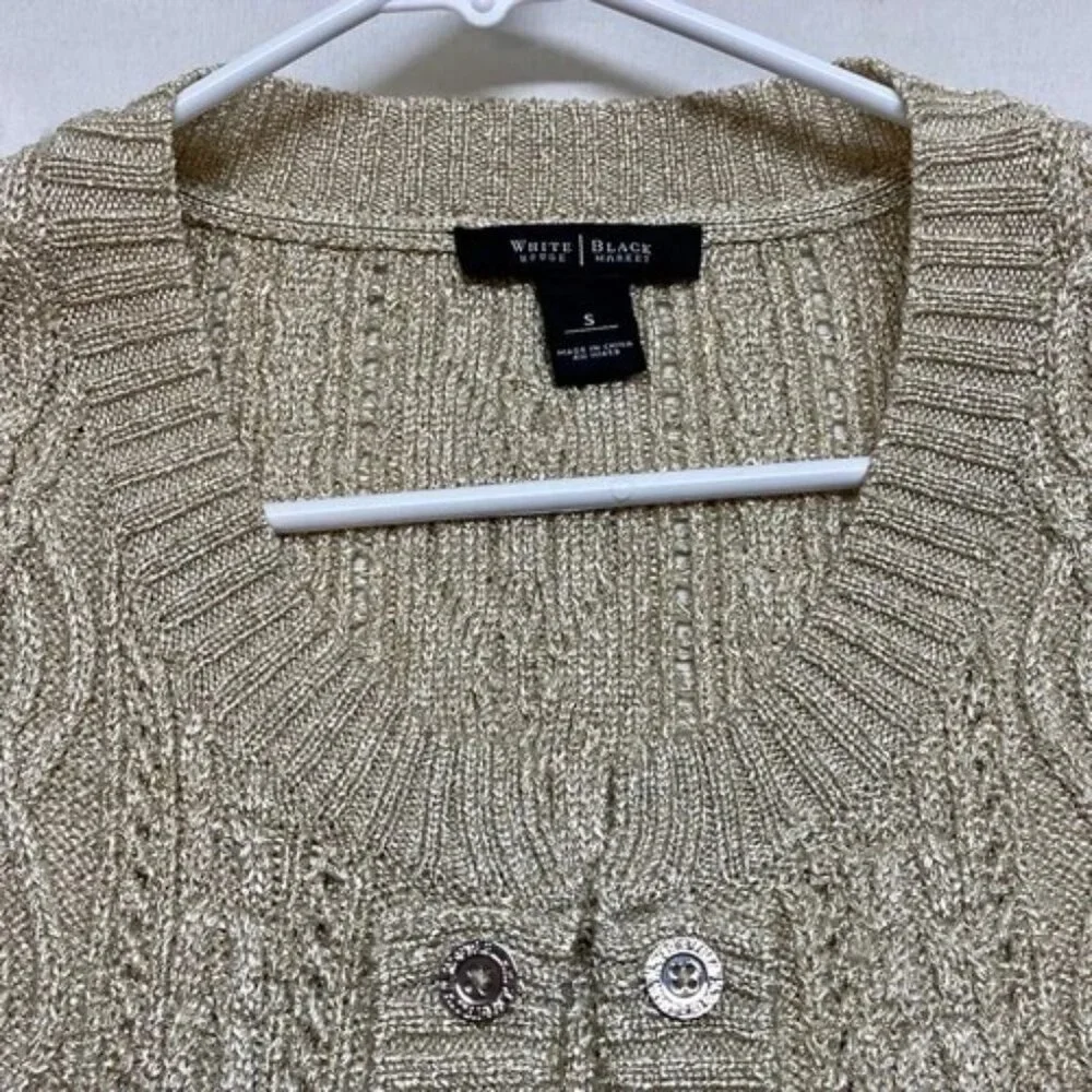 White House Black Market‎ Cardigan Sweater Women's Small Gold Metallic Knit EUC